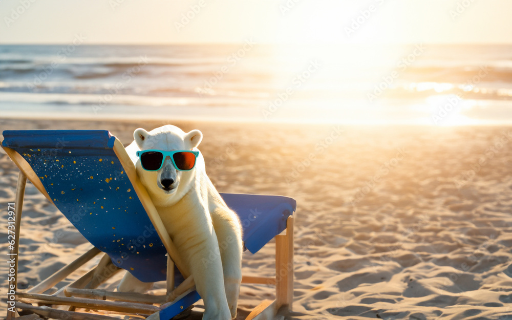 A polar bear on the beach in a deck chair with sunglasses. AI generative