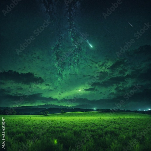 A green field with a shooting star passing by with a night. Generative AI