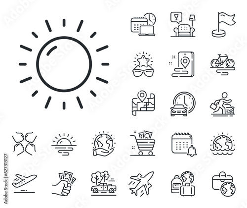 Summer sun sign. Plane jet, travel map and baggage claim outline icons. Sunny weather forecast line icon. Sunny weather line sign. Car rental, taxi transport icon. Place location. Vector