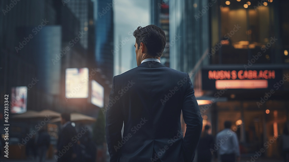 a businessman back and in front of him signs indicating businesses and buildings created by generative AI a businessman back and in front of him signs indicating businesses and buildings created by generative AI