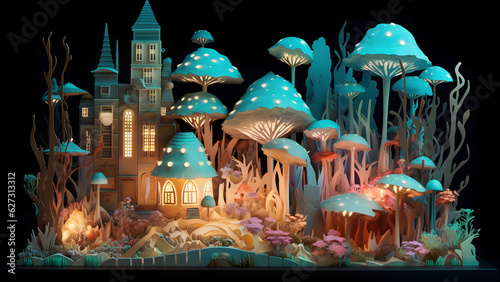 Fantastic teal-orange colored mushroom wirld city, neural network generated image photo