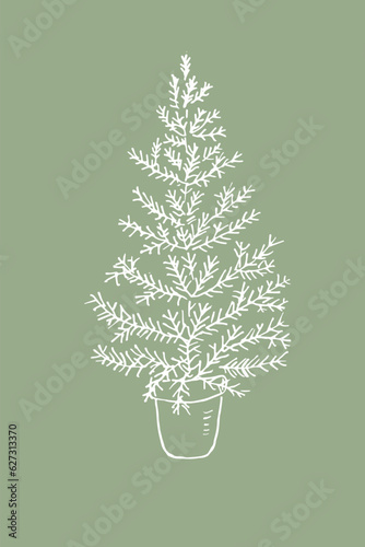Christmas tree for congratulations Happy New Year minimalist style vector illustration. Ink drawn festive template for congratulations on winter holidays. Boho style background design element 