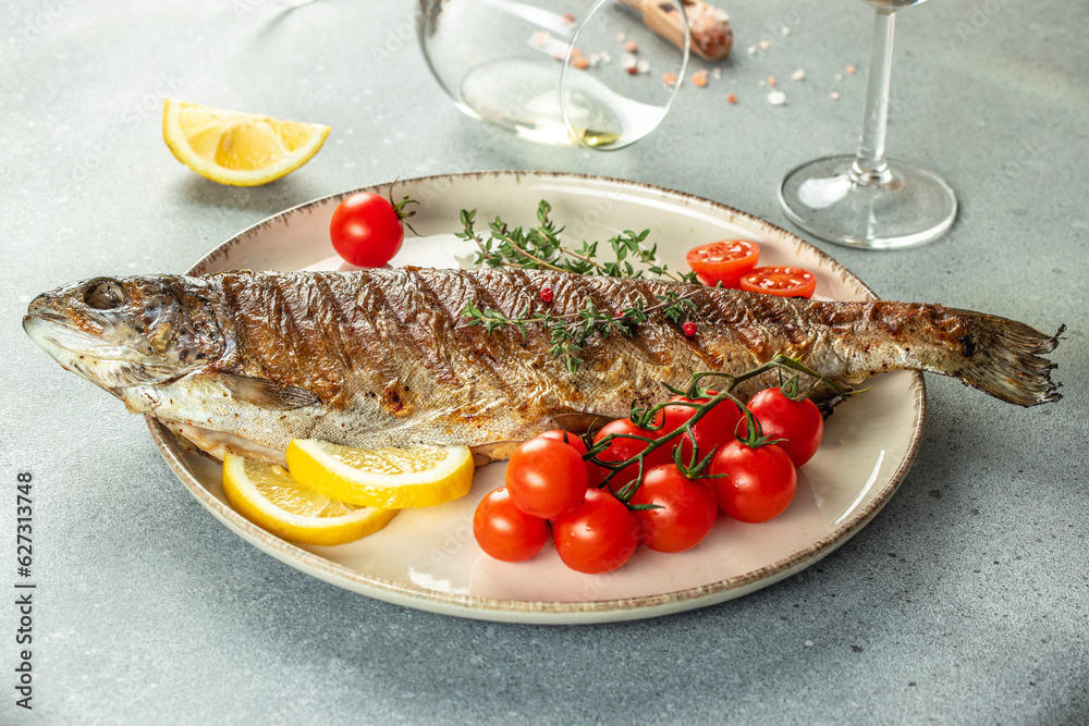 Baked Trout. Healthy food concept. place for text, top view Baked Trout. Healthy food concept. place for text, top view