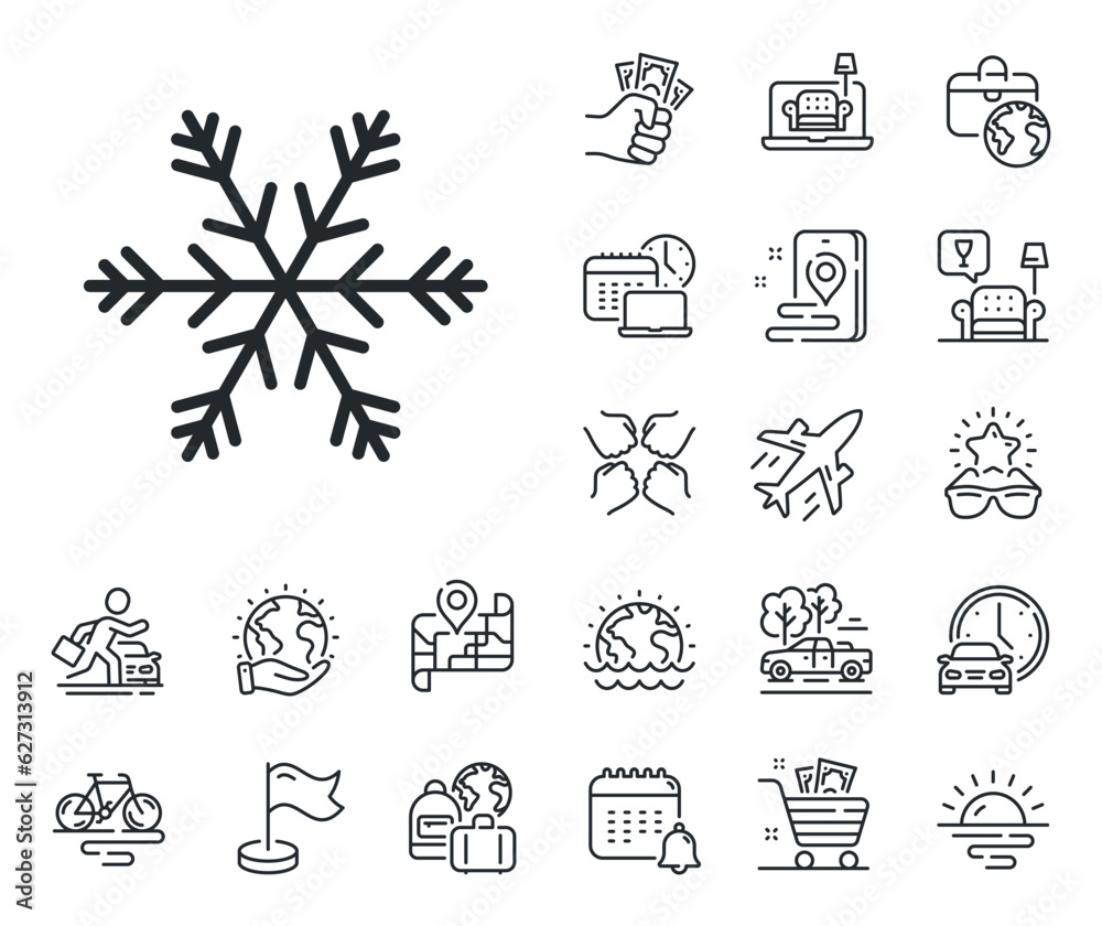 Snowflake sign. Plane jet, travel map and baggage claim outline icons. Air conditioning line icon. Hotel service symbol. Air conditioning line sign. Car rental, taxi transport icon. Vector Snowflake sign. Plane jet, travel map and baggage claim outline icons. Air conditioning line icon. Hotel service symbol. Air conditioning line sign. Car rental, taxi transport icon. Vector
