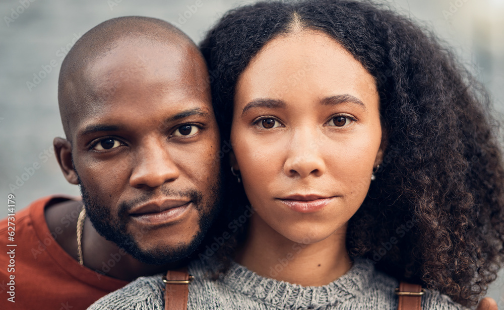 .Face, couple and love outdoor, serious and bonding together for support in urban city. Portrait, interracial and African man and woman with profile picture for care, commitment and trust on date. .Face, couple and love outdoor, serious and bonding together for support in urban city. Portrait, interracial and African man and woman with profile picture for care, commitment and trust on date.
