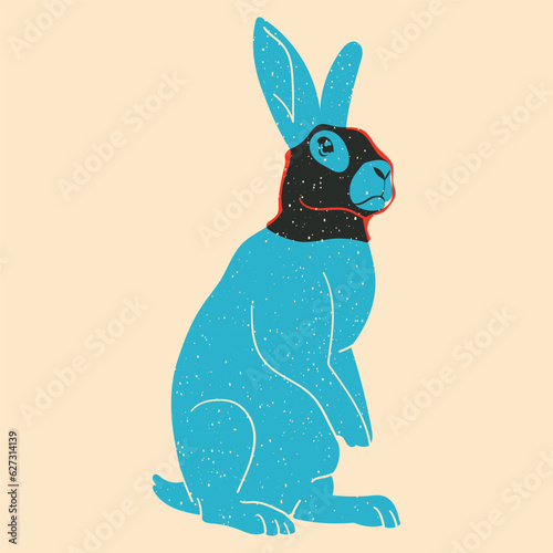 Rabbit in black mask. Vector illustration in a minimalist style with Riso print effect. Graphic element for design, print, sticker, party decoration, logo, emblem, magazine prints or journal article, 