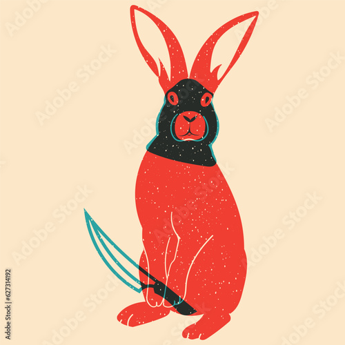 Rabbit in black mask. Vector illustration in a minimalist style with Riso print effect. Graphic element for design, print, sticker, party decoration, logo, emblem, magazine prints or journal article, 