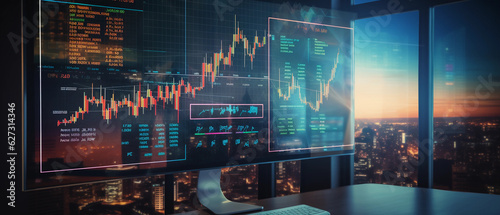 a big data technology for business finance analytic concept shows massive information of business sale report, profit chart and stock market trends analysis created by generative AI