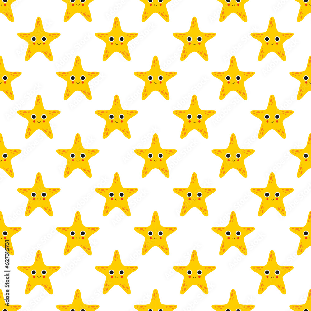 Obraz premium Seamless pattern with cute cartoon yellow sea star.