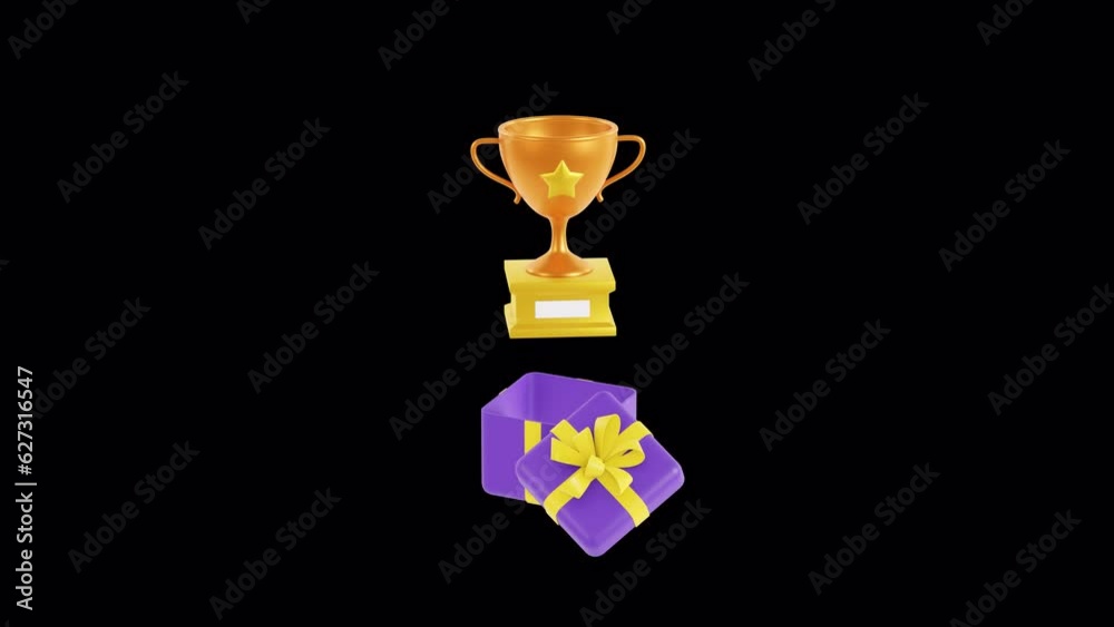 Golden trophy cup in gift box animation. 3d render, ALPHA channel, transparent bg. First place, success win, champion reward. Business or sports achievement, surprise, winner, award, online game Golden trophy cup in gift box animation. 3d render, ALPHA channel, transparent bg. First place, success win, champion reward. Business or sports achievement, surprise, winner, award, online game