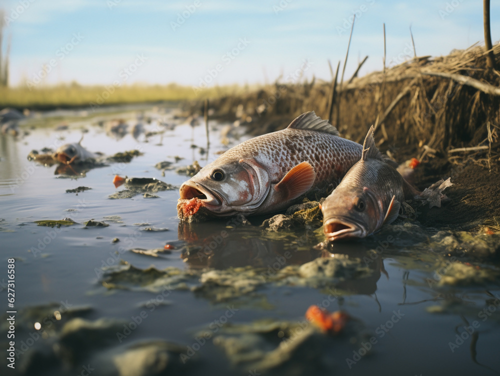 Fototapeta premium Dead fish in a dirty lake with garbage, in a bad environment, Generative AI, generative artificial intelligence