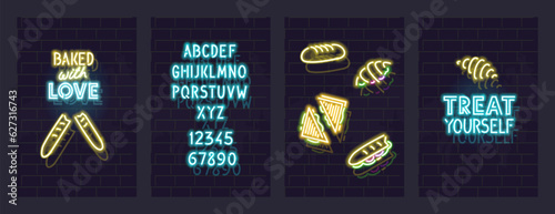 Bakery neon posters set. Motivational typography with french food silhouette. Isolated illustrations on brick wall background.