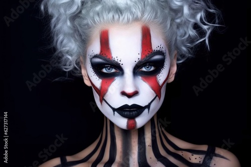 Portrait of beautiful woman with face painting. Halloween makeup. Creative face art, carnival and fashion concept