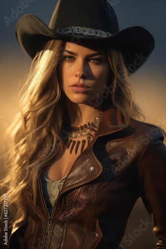 Portrait of a beautiful cowgirl with a cowboy hat and a leather jacket. Generative AI. photo