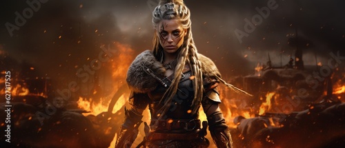 Fierce Viking warrior girl, Braided hair, untamed spirit, bravery, Battlefield on fire behind her, Generative AI. © nilanka