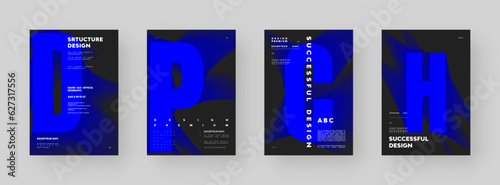 Poster design set. Vertical A4 format. Modern placard collection. Strict and discreet brochure. Blue letter composition with abstract smoke effect.