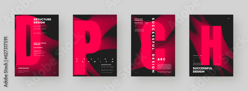 Poster design set. Vertical A4 format. Modern placard collection. Strict and discreet brochure. Red letter composition with abstract smoke effect.