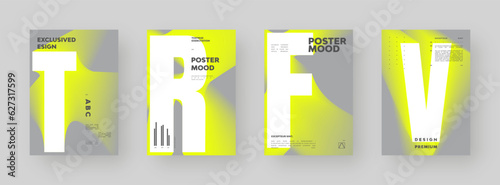 Poster design set. Vertical A4 format. Modern placard collection. Strict and discreet brochure. Yellow letter composition with abstract smoke effect.