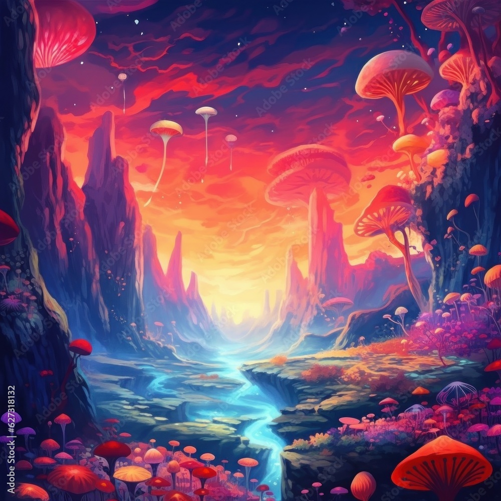 Enchanting forest with mushroom-shaped trees. Imagination, magic, whimsical landscape and fantasy concept