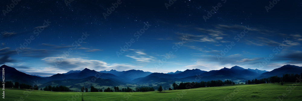 Panoramic natural landscape with a green grass field, night sky with stars, and mountains in the background. Panorama summer spring meadow. Generative AI.