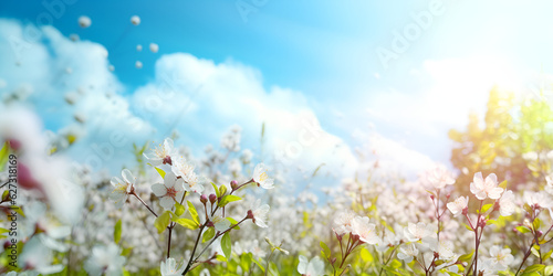 Spring background of cherry tree blossom on bright blue sky Nature's Symphony: Cherry Blossom Springtime against a Blue Sky  Capturing Spring's Beauty: Cherry Blossoms Dancing on a Blue Sky 