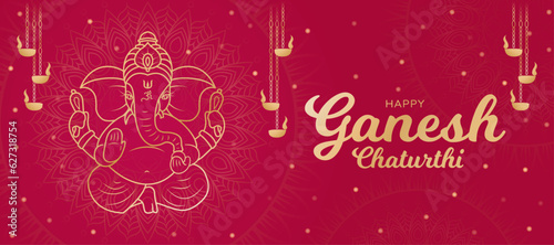 Happy Ganesh Chaturthi Poster. Artistic Ornate Hindu Festival graphic. Golden Mandala design horizontal banner Vector illustration. Social media post, website header, greeting card, invite, promotion