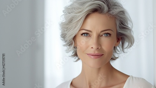 A beautiful adult woman, pleasant to look at against a background of gray-white and dark shade. An old or elderly woman looks into the camera.