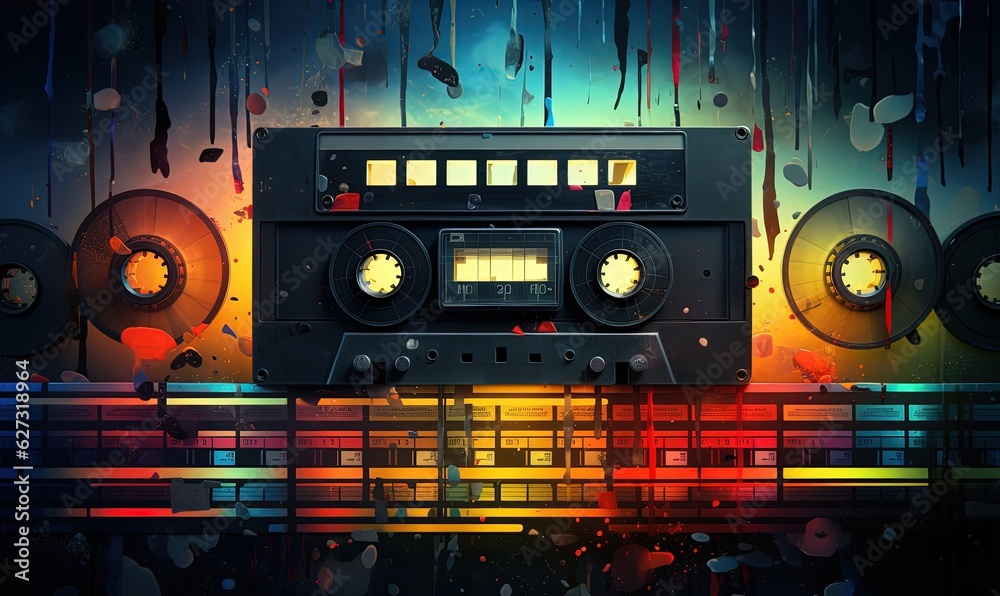 Fototapeta premium Old radio tape, retro 80s and 90s style background. Generative AI