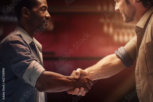 Two men shaking hands in front of a bar. Digital image.