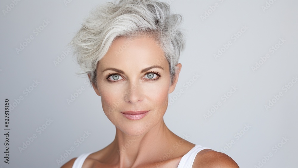 A beautiful adult woman, pleasant to look at against a background of gray-white and dark shade. An old or elderly woman looks into the camera, smiling eyes of a light shade. A beautiful adult woman, pleasant to look at against a background of gray-white and dark shade. An old or elderly woman looks into the camera, smiling eyes of a light shade.