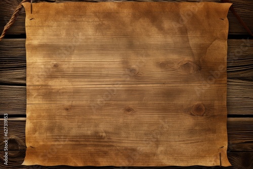 Old paper on wooden background, wild west concept, space for writing. Generative AI