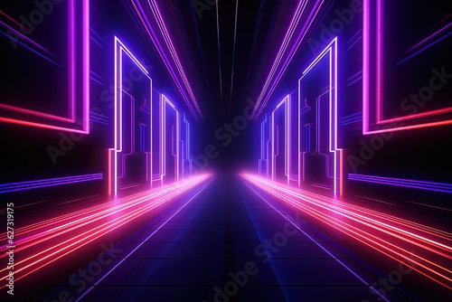 Game scene in a virtual world with neon lights, purple and pink hue. Generative AI
