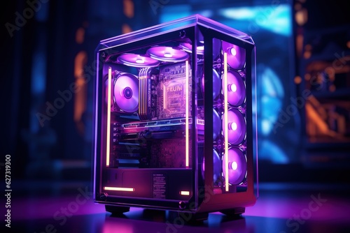 Robust and futuristic gamer computer, cpu with rgb neon lights, gaming concept. Generative AI