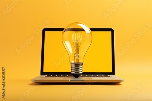 Light bulb and laptop on yellow background, notebook, technology concept and ideas. Generative AI photo
