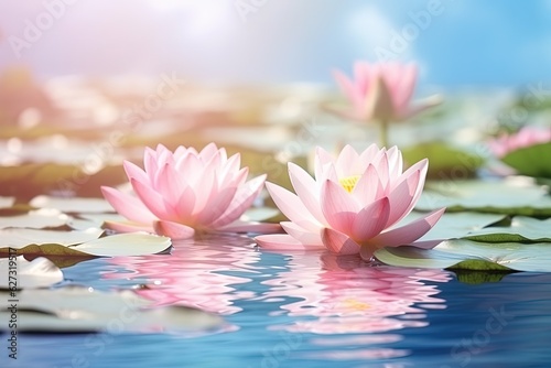 Landscape with lotus flower on water  bokeh background  logo style. Generative AI