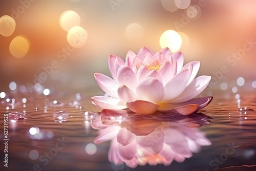 Landscape with lotus flower on water, bokeh background, logo style. Generative AI