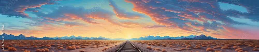 Wild west landscape with locomotive rails. Generative AI