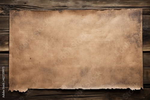 Old paper on wooden background, wild west concept, space for writing. Generative AI