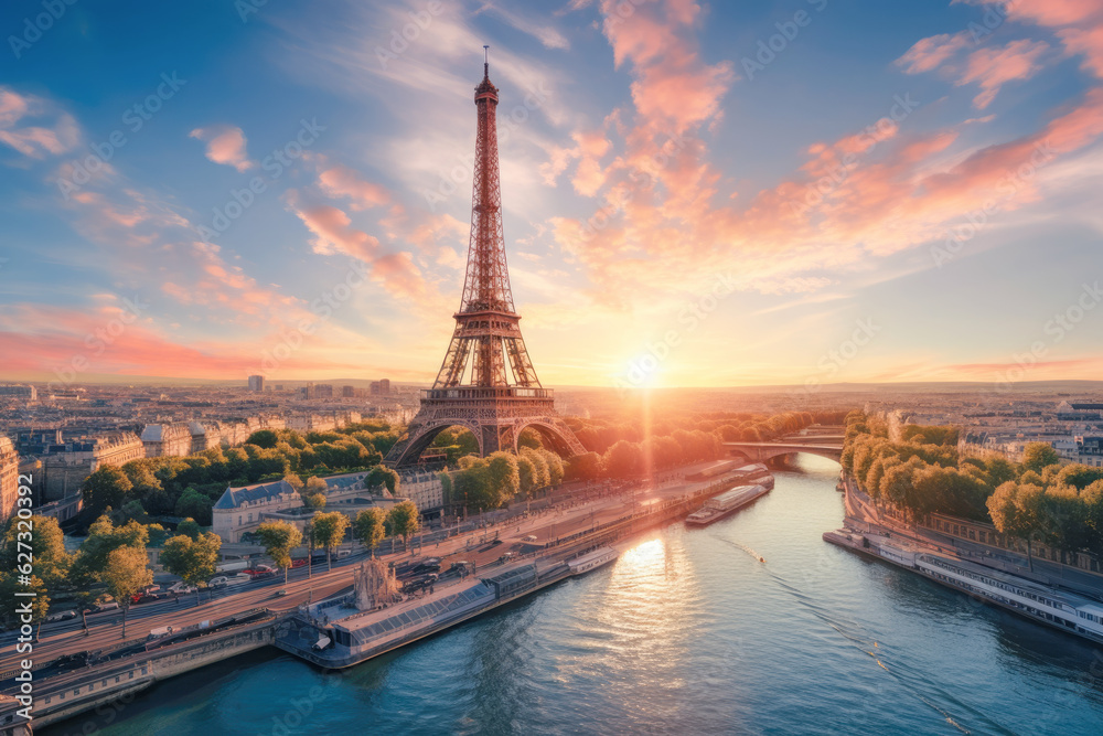 Aerial view of a sunset over majestic Paris city with Eiffel tower and Seine river.