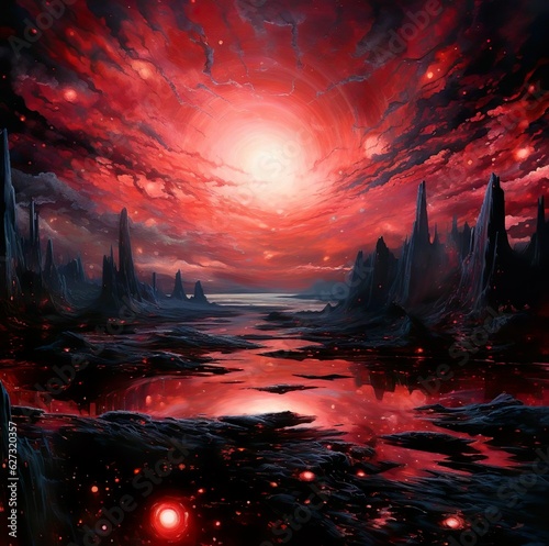 A dark landscape with a red sky and a dark landscape fantasy