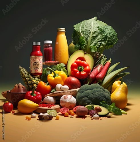 A pile of vegetables including a bottle of apple juice and a bottle of apple juice