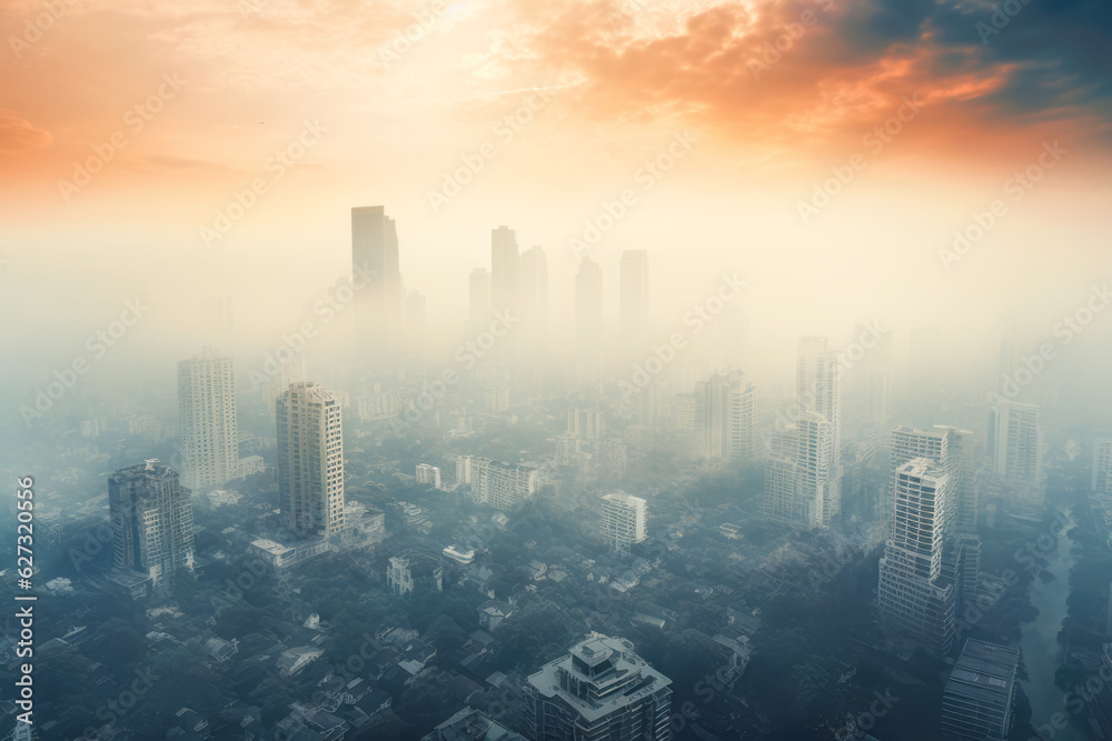 AI generative. Aerial footage captures the distressing sight of urban smog and smoke, representing the ongoing battle against air pollution in cities worldwide.