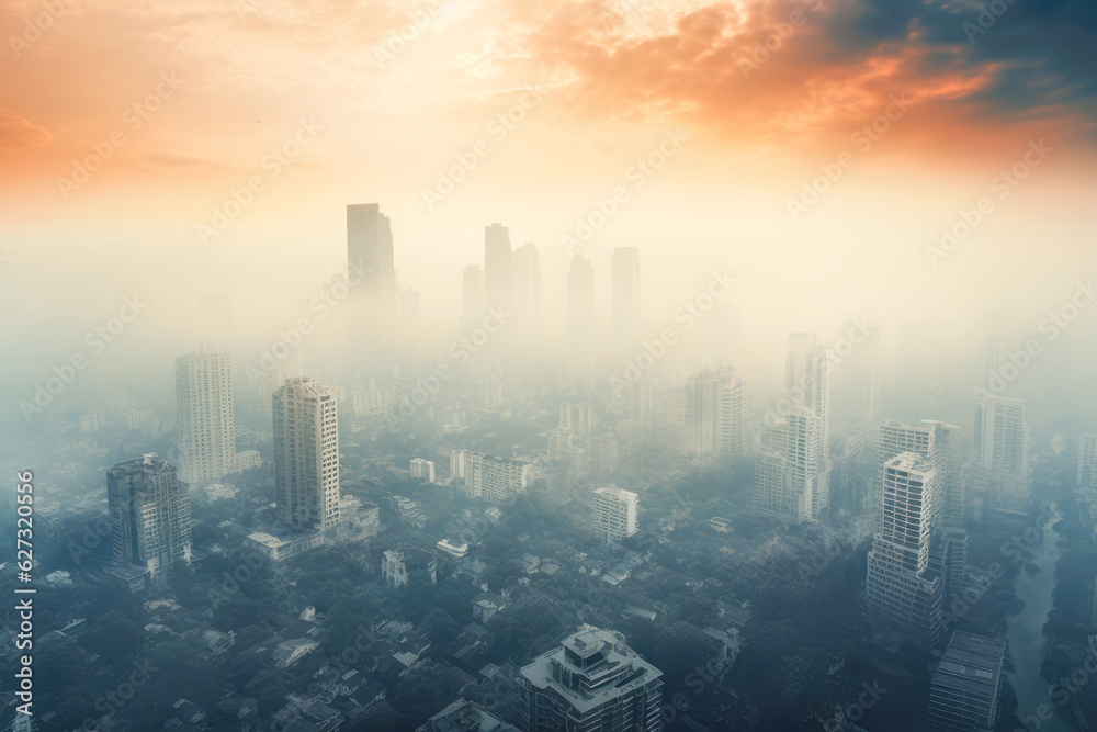 Fototapeta premium AI generative. Aerial footage captures the distressing sight of urban smog and smoke, representing the ongoing battle against air pollution in cities worldwide.