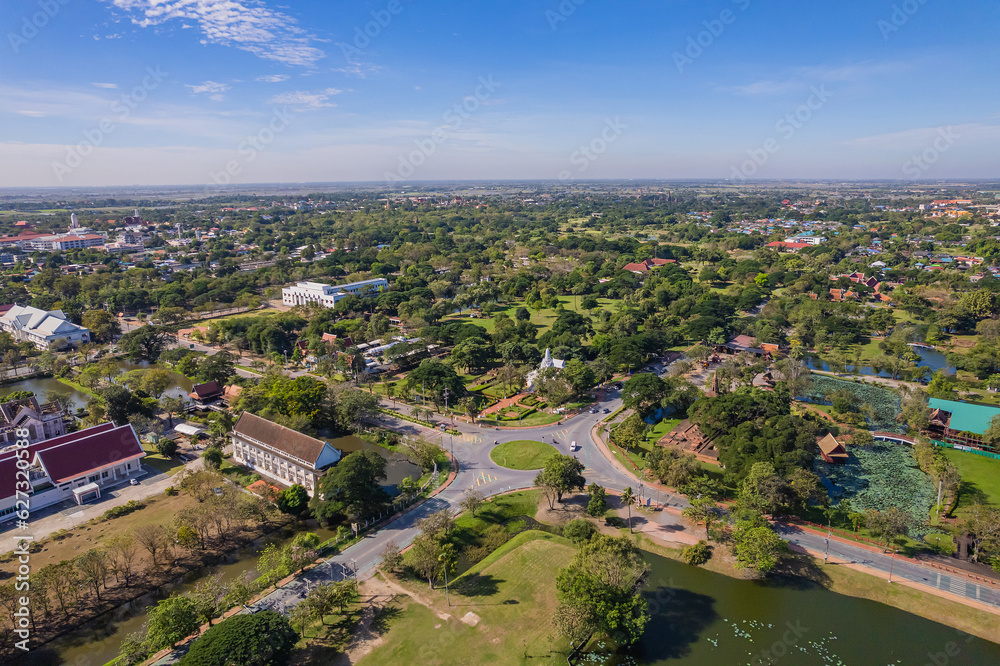 Aerial view of beautiful urban road with car in Phra Nakhon Si Ayutthaya.