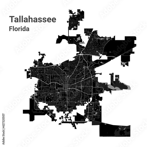Fototapeta Naklejka Na Ścianę i Meble -  Tallahassee city map, capital of the USA state of Florida. Municipal administrative borders, black and white area map with rivers and roads, parks and railways.