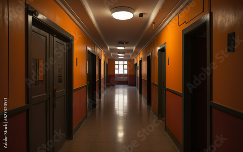 Orange corridor in school. AI, Generative AI