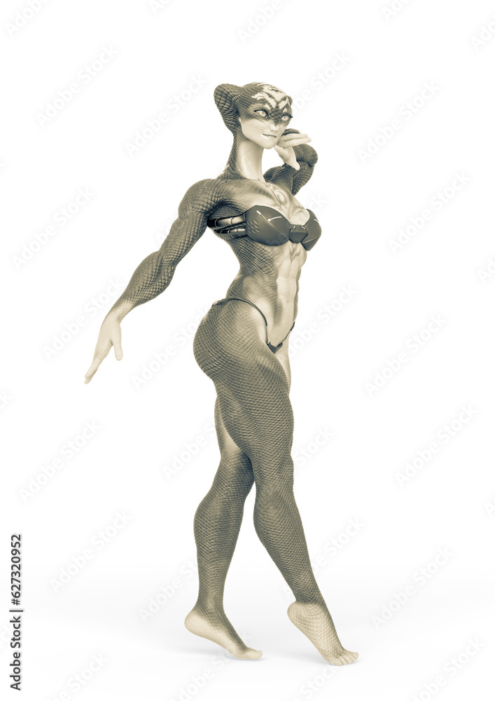 aquatic alien girl is walking like a model on bikini aquatic alien girl is walking like a model on bikini