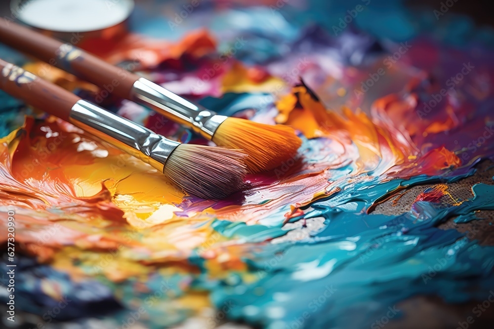 Fototapeta premium Close-Up of a Painter's Palette and Brush: Art and Creativity Concept - AI Generated