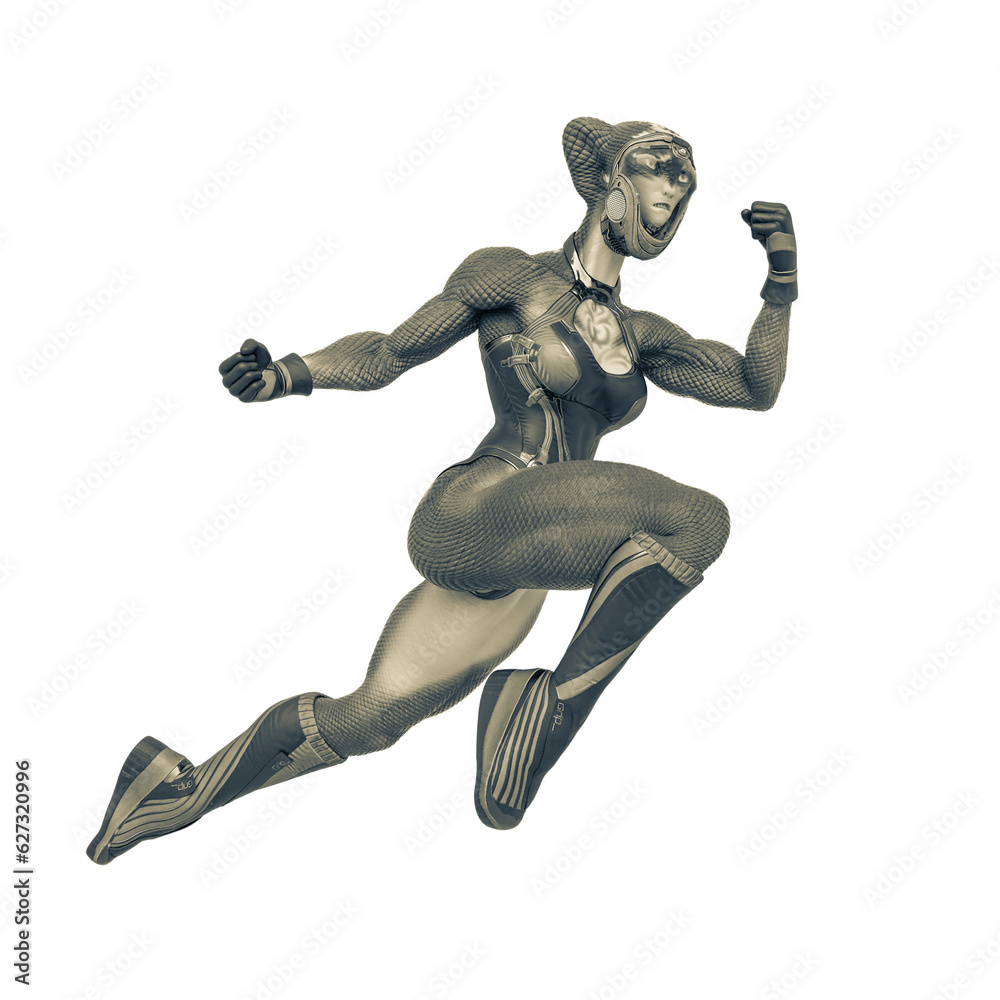 aquatic alien girl is doing a flying punch on outfit