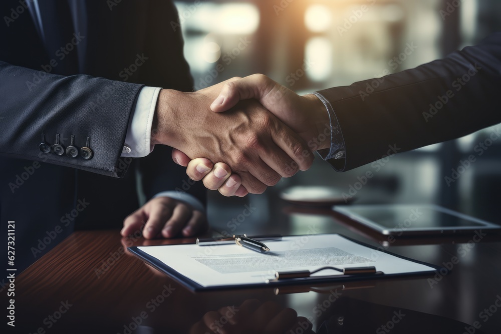 Hands Shaking Over a Signed Contract: Agreement and Success Concept - AI Generated